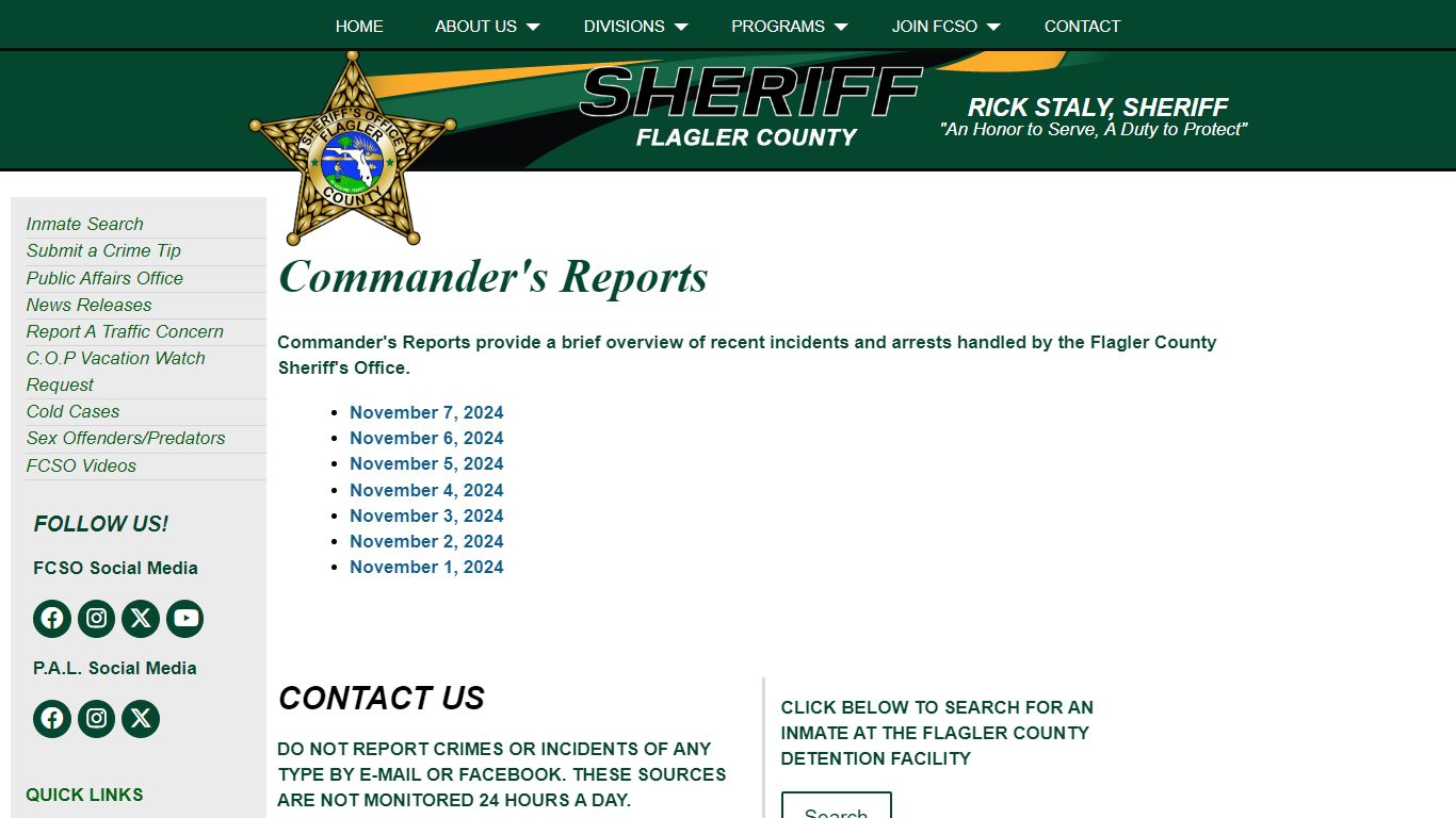 Commander Reports | Flagler County Sheriff's Office